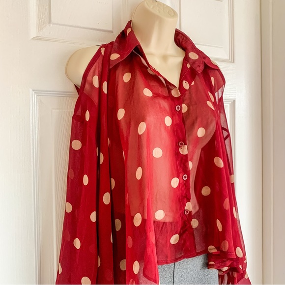 UNIF Burgundy Polka Dot Sheer Top - Picture 7 of 9